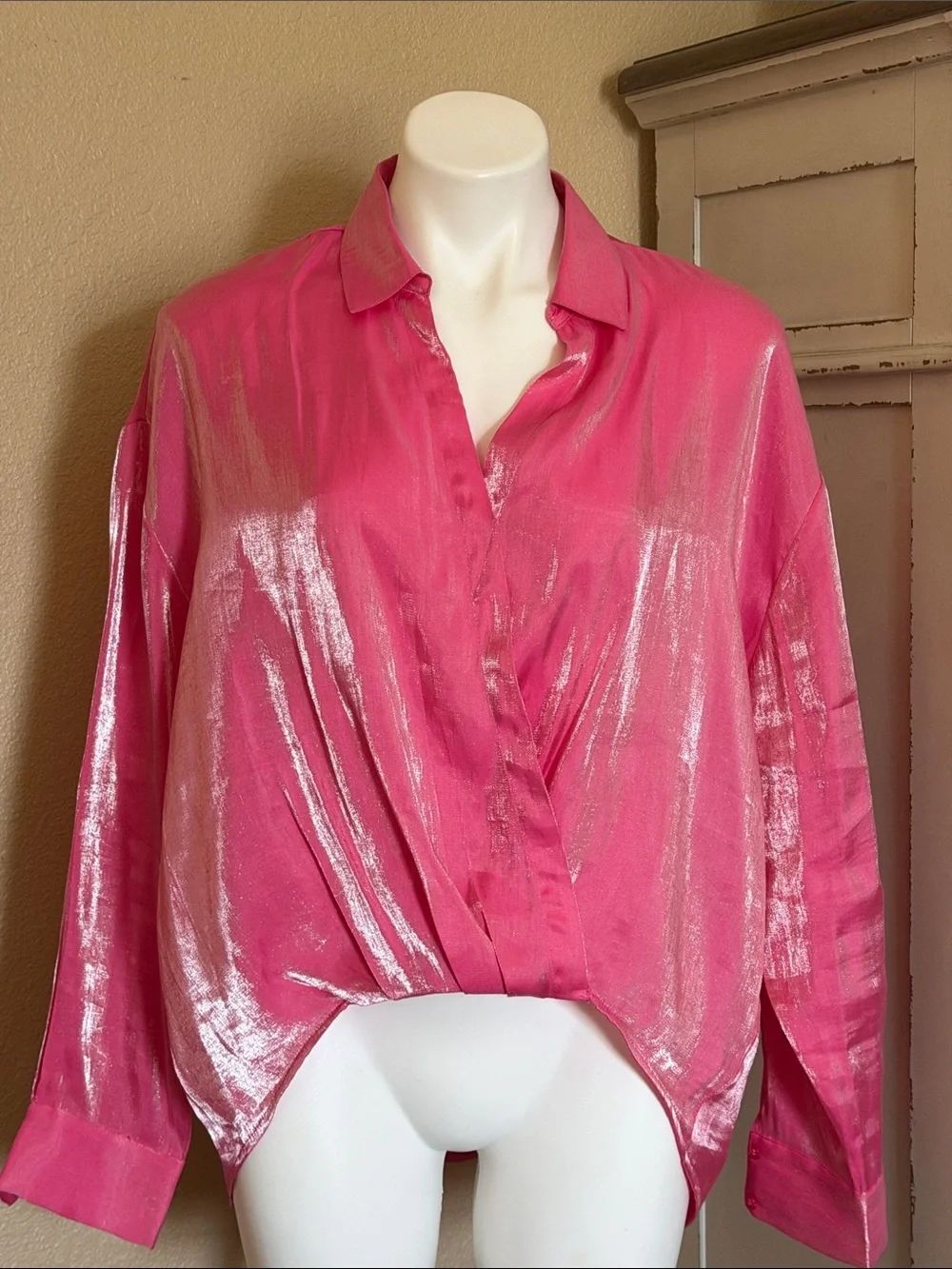 RACHEL Rachel Roy Hot Pink Metallic Button-Down Blouse